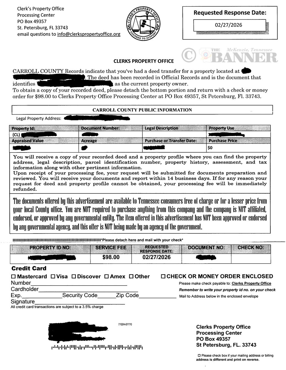 Letter Requesting Money for Deed Copies is Not from County
