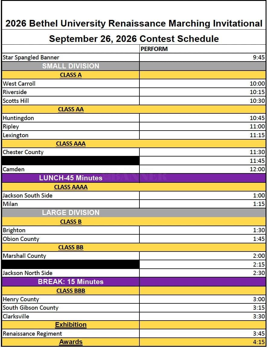 Bethel University's High School Marching Band Competition is September 26, 2026