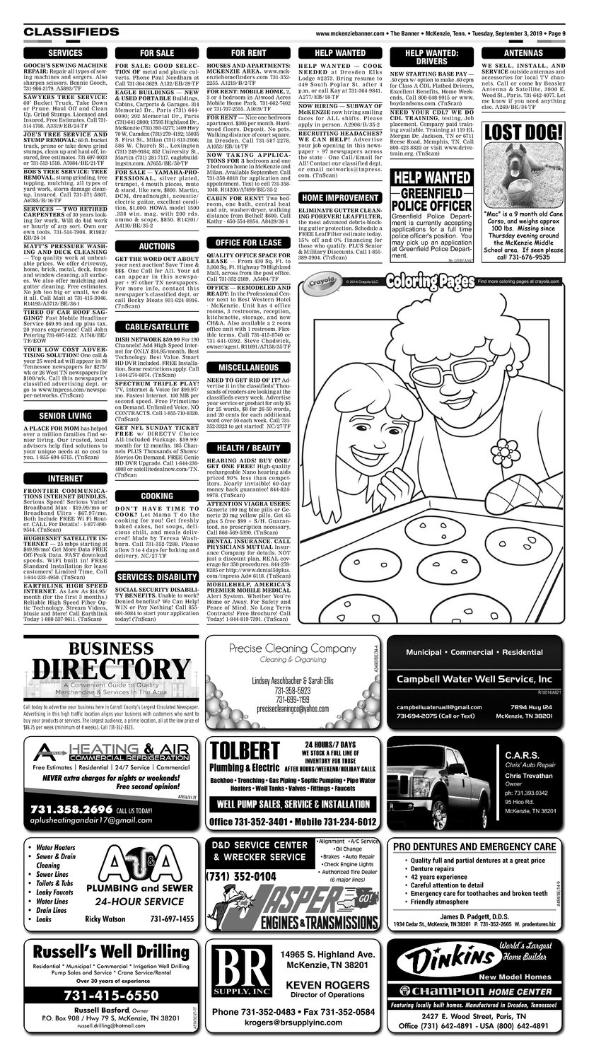 Classifieds - September 3, 2019