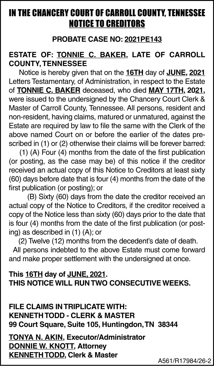 Notice to Creditors - BAKER