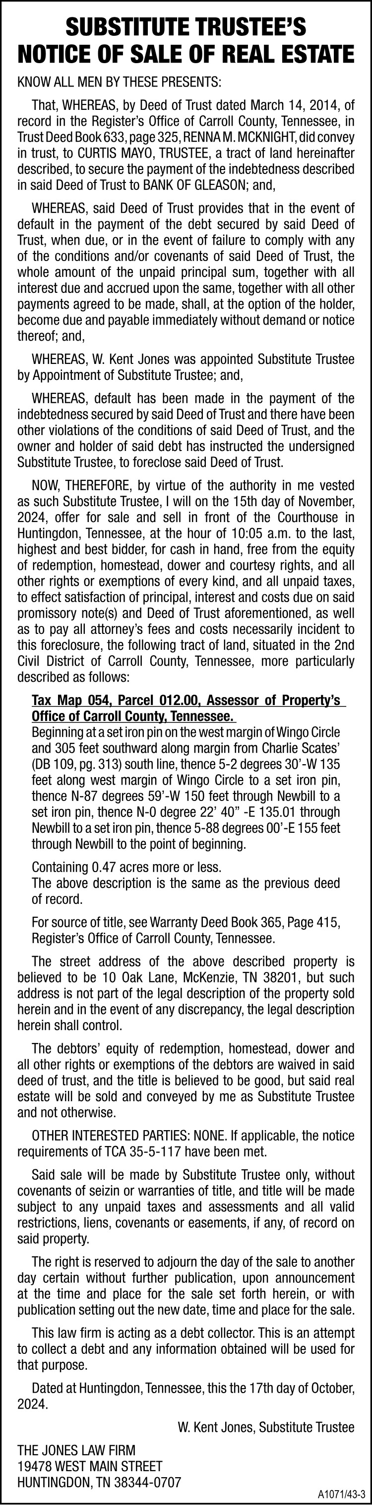 Substitute Trustees Sale - MCKNIGHT