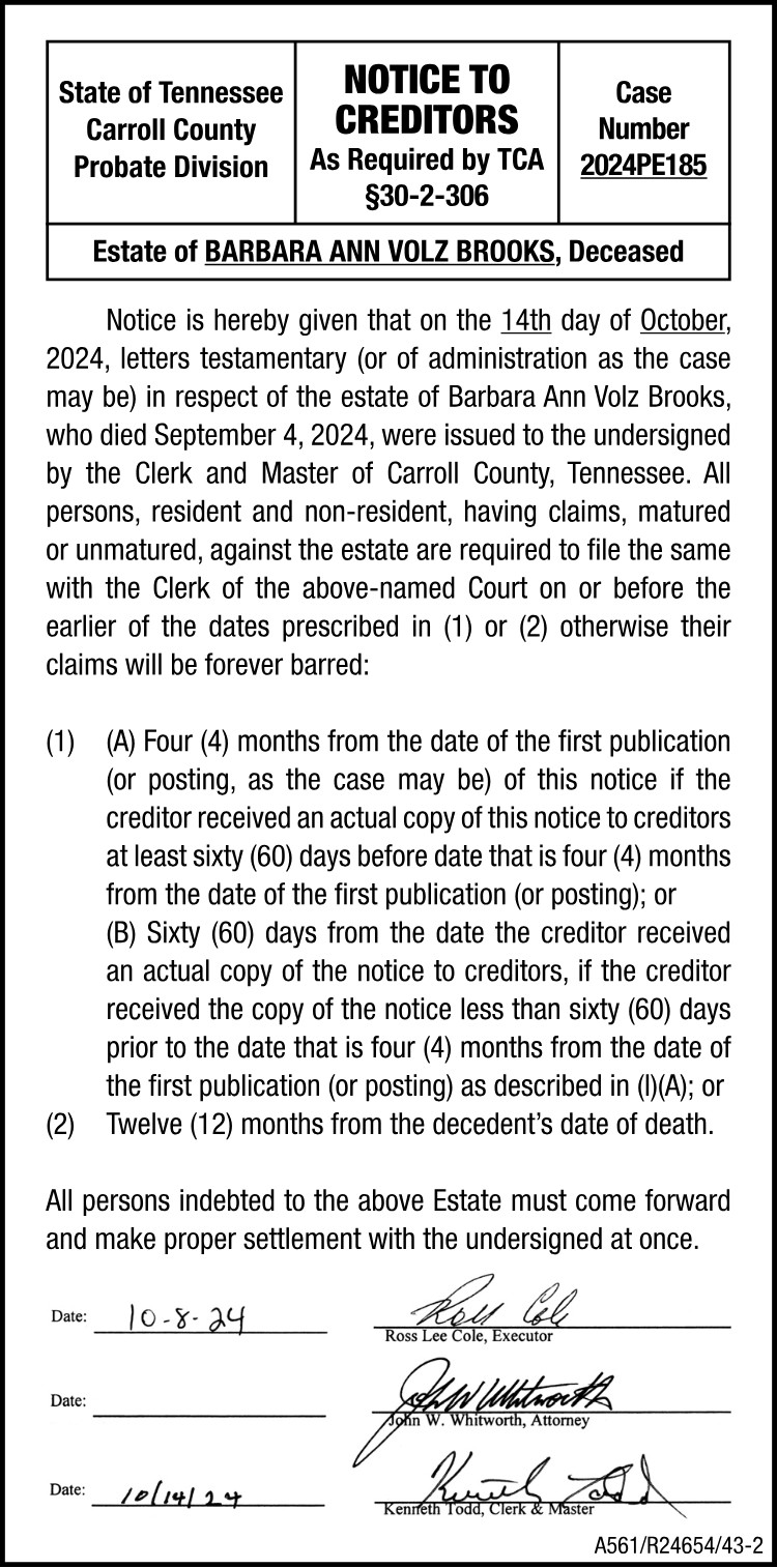 Notice to Creditors - BROOKS