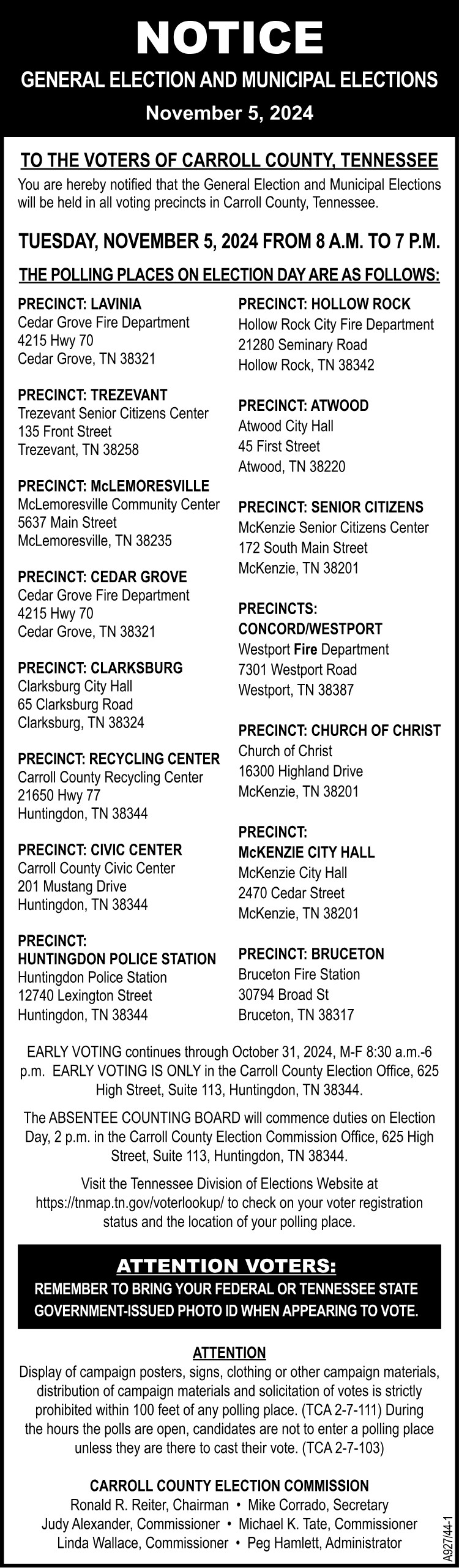 Notice - Carroll County Election Polling Places