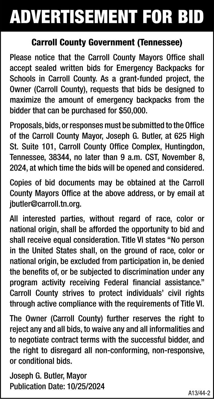 Advertisement for Bid - Carroll County Emergency Backpacks
