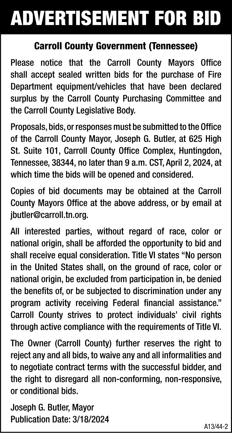 Advertisement for Bid - Carroll County Fire Dept Equipment