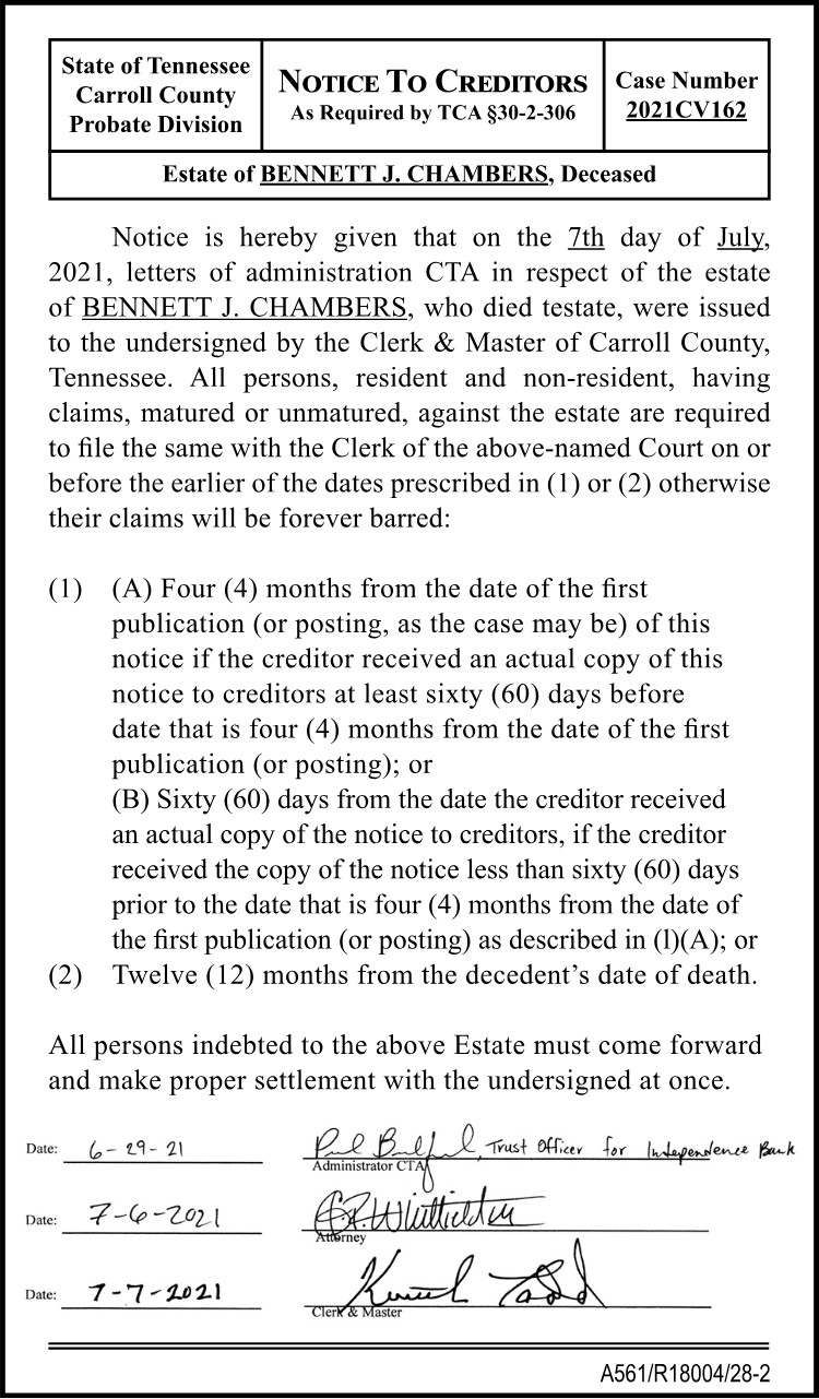 Notice to Creditors - CHAMBERS