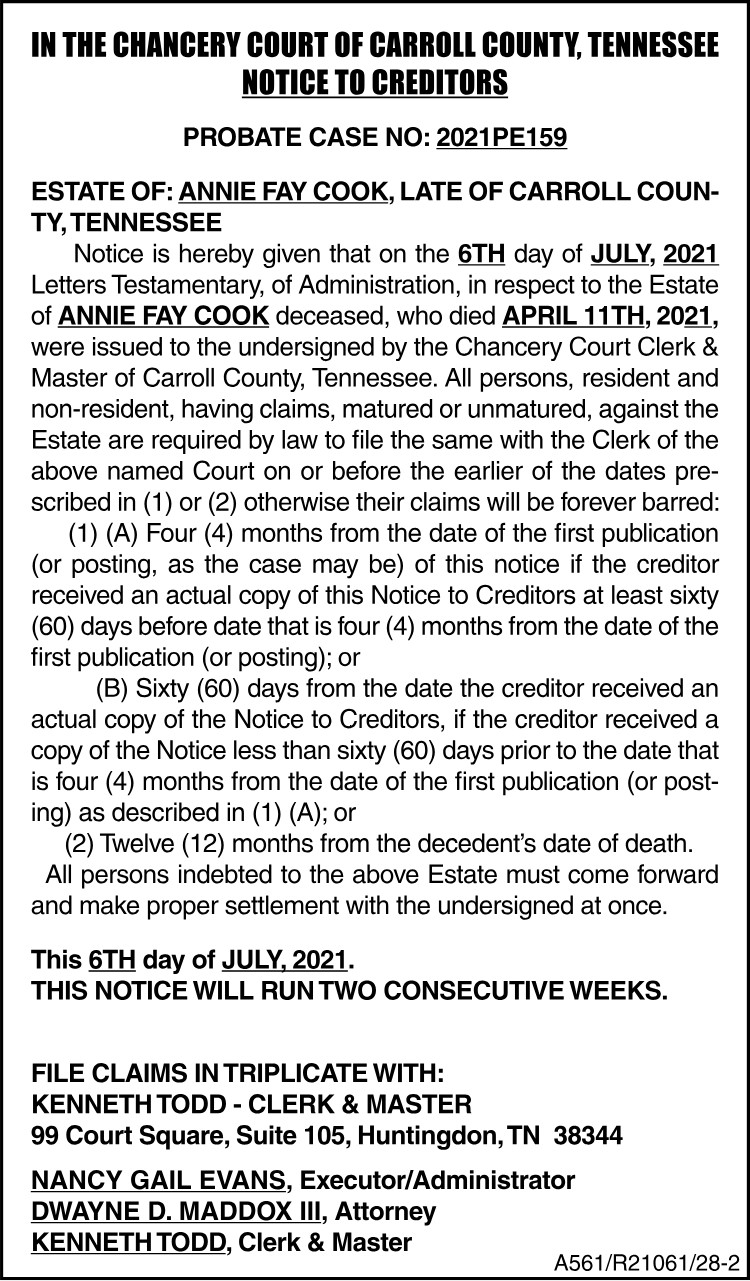 Notice to Creditors - COOK