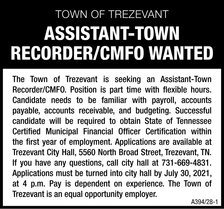 Town of Trezevant - Hiring Assistant Recorder
