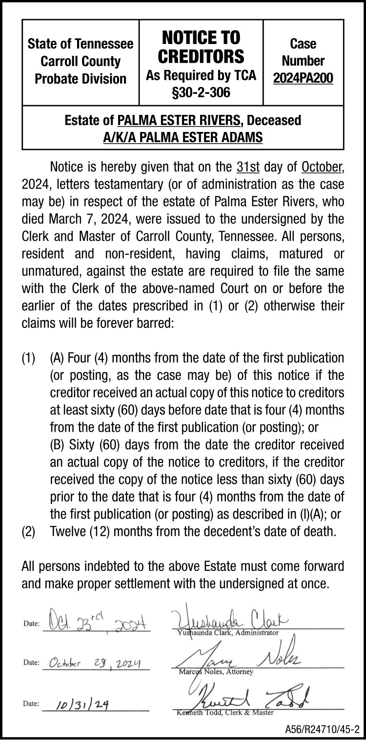 Notice to Creditors - RIVERS