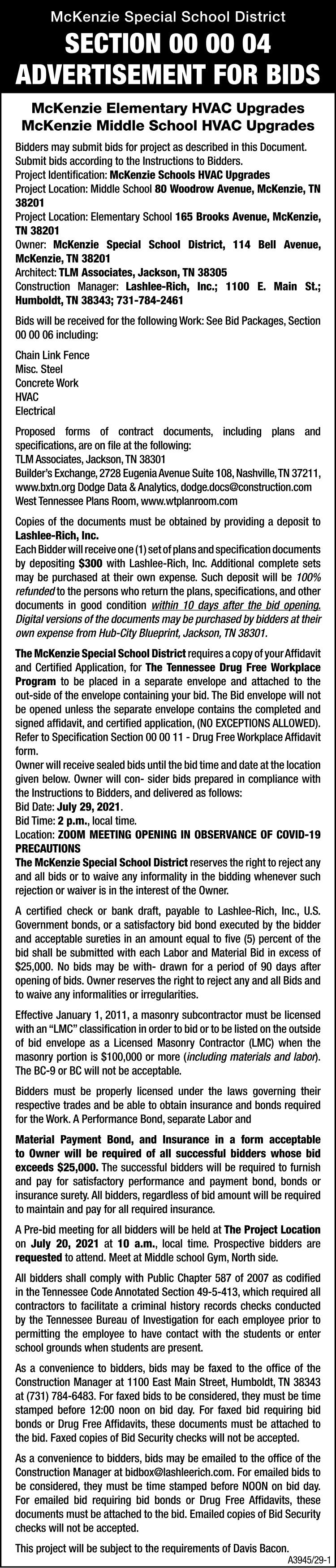 Advertisement for Bids - MSSD HVAC