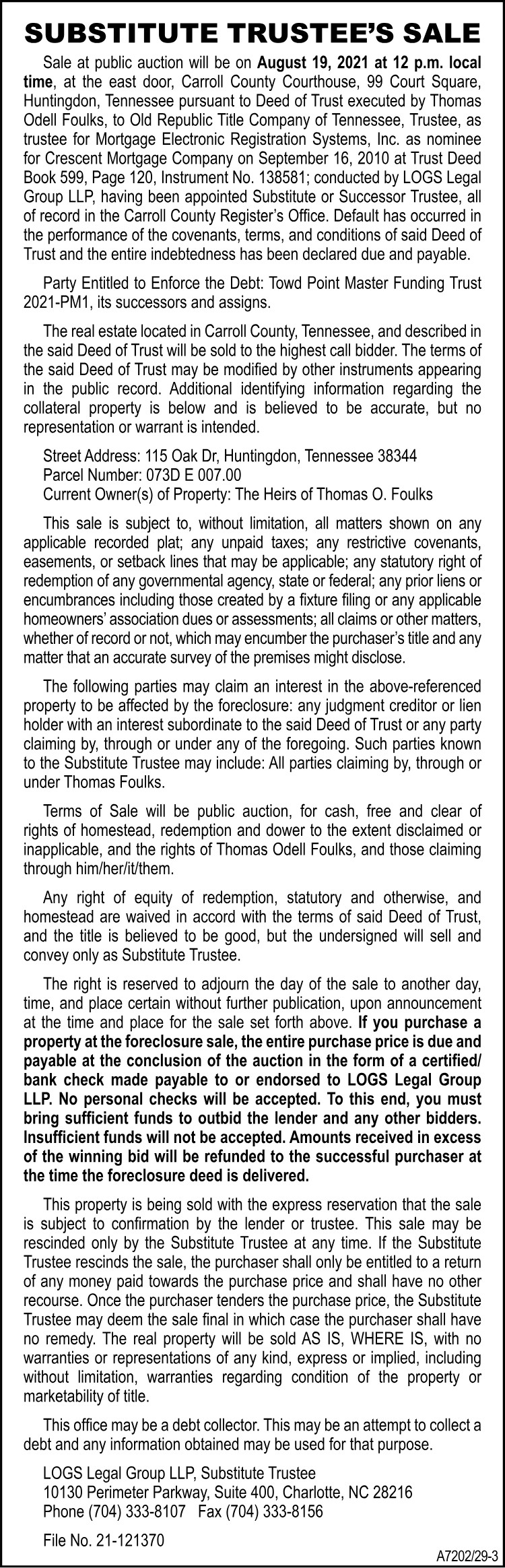 Substitute Sale Notice - FOULKS