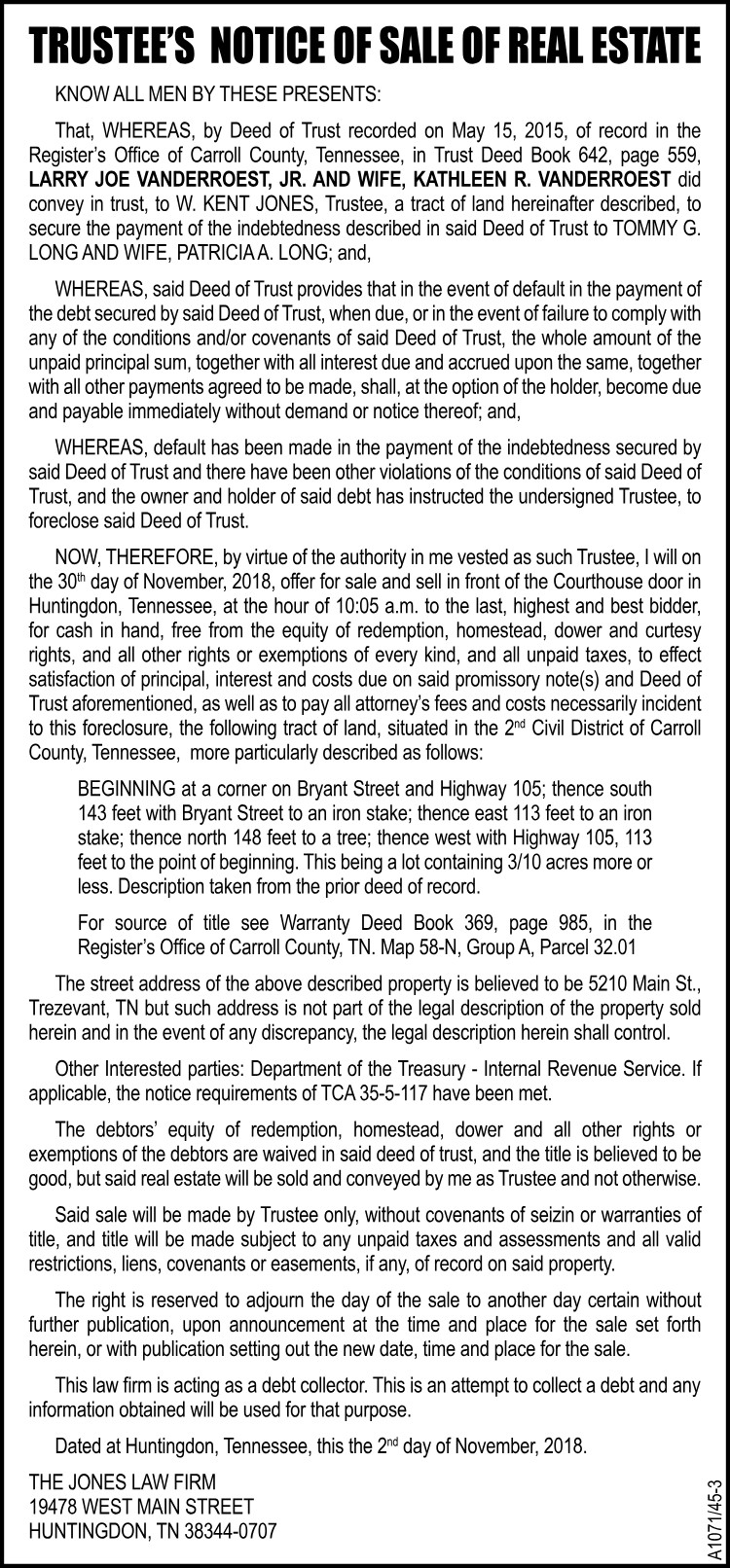 Trustees Notice of Sale of Real Estate - VANDERROEST