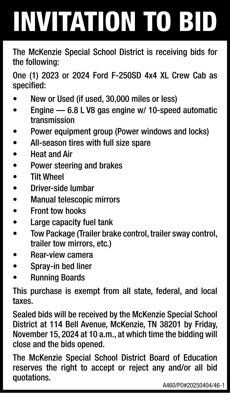 Invitation to Bid - MSSD 2023 or 2024 Ford F250SD