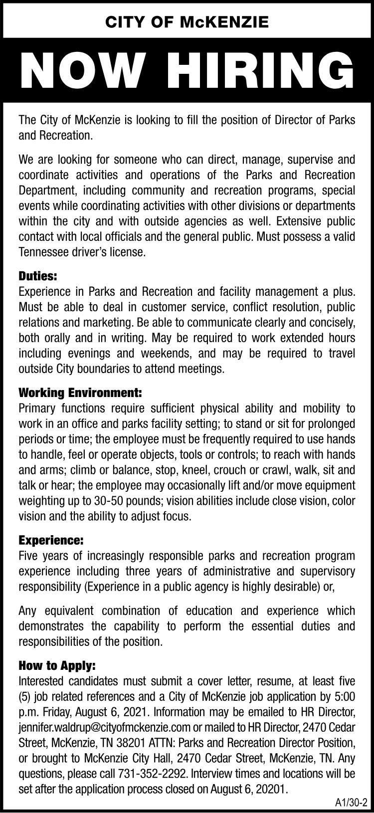 City of McKenzie - Hiring Park Director