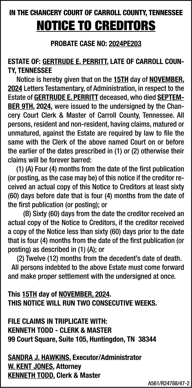 Notice to Creditors - PERRITT