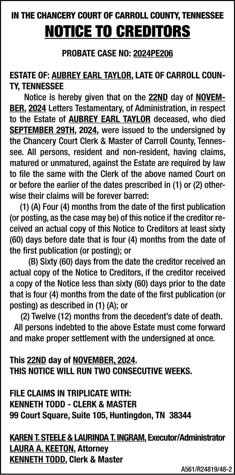 Notice to Creditors - TAYLOR