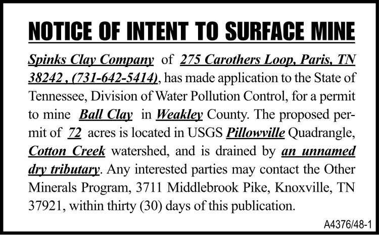 Notice of Intent to Surface Mine - 275 Carothers Loop