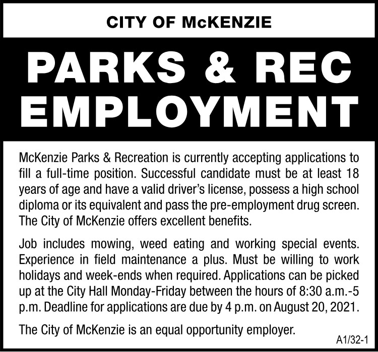 City of McKenzie - Parks & Rec Hiring