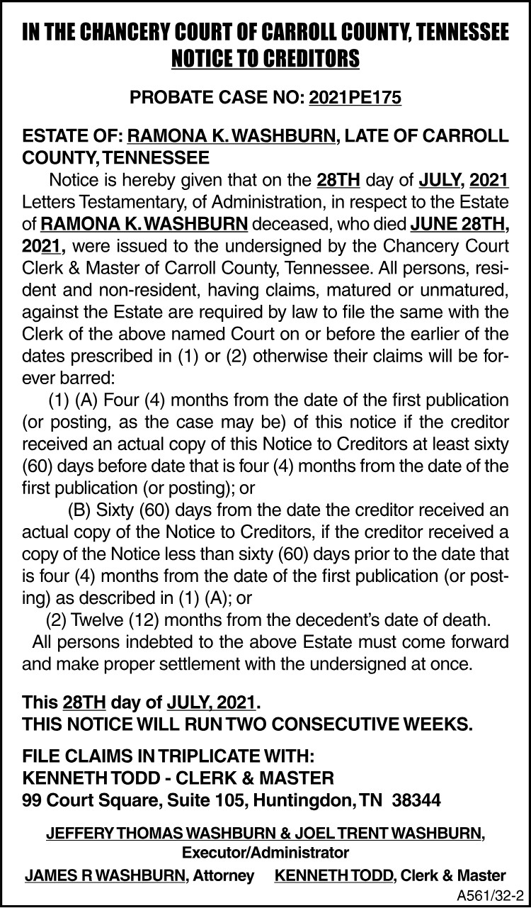Notice to Creditors - WASHBURN