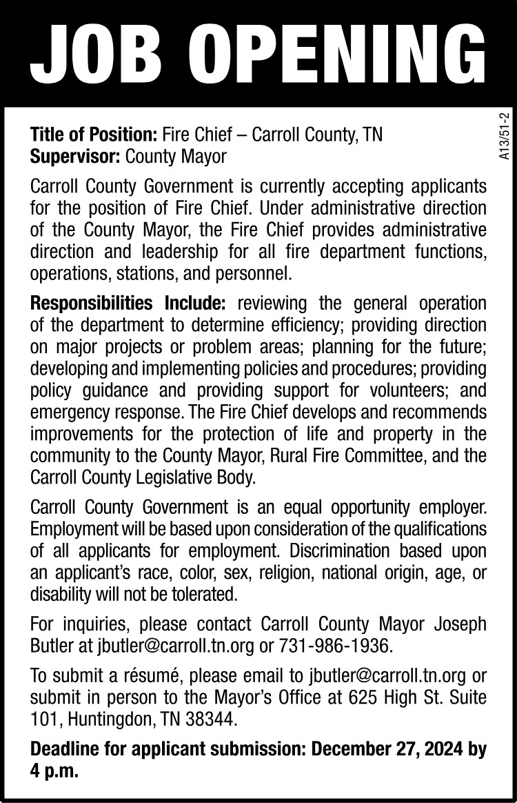Carroll County Job Opening - Fire Chief
