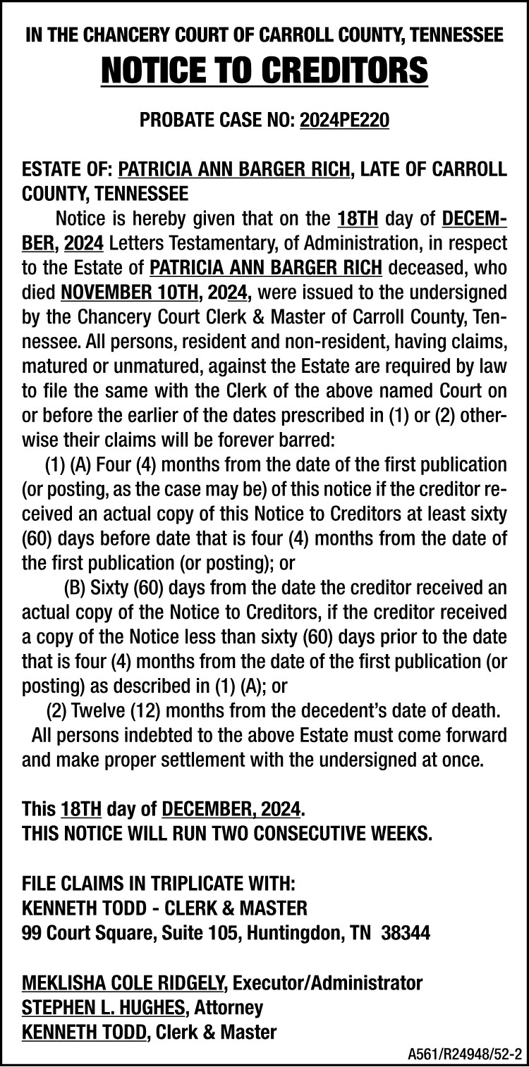 Notice to Creditors - RICH