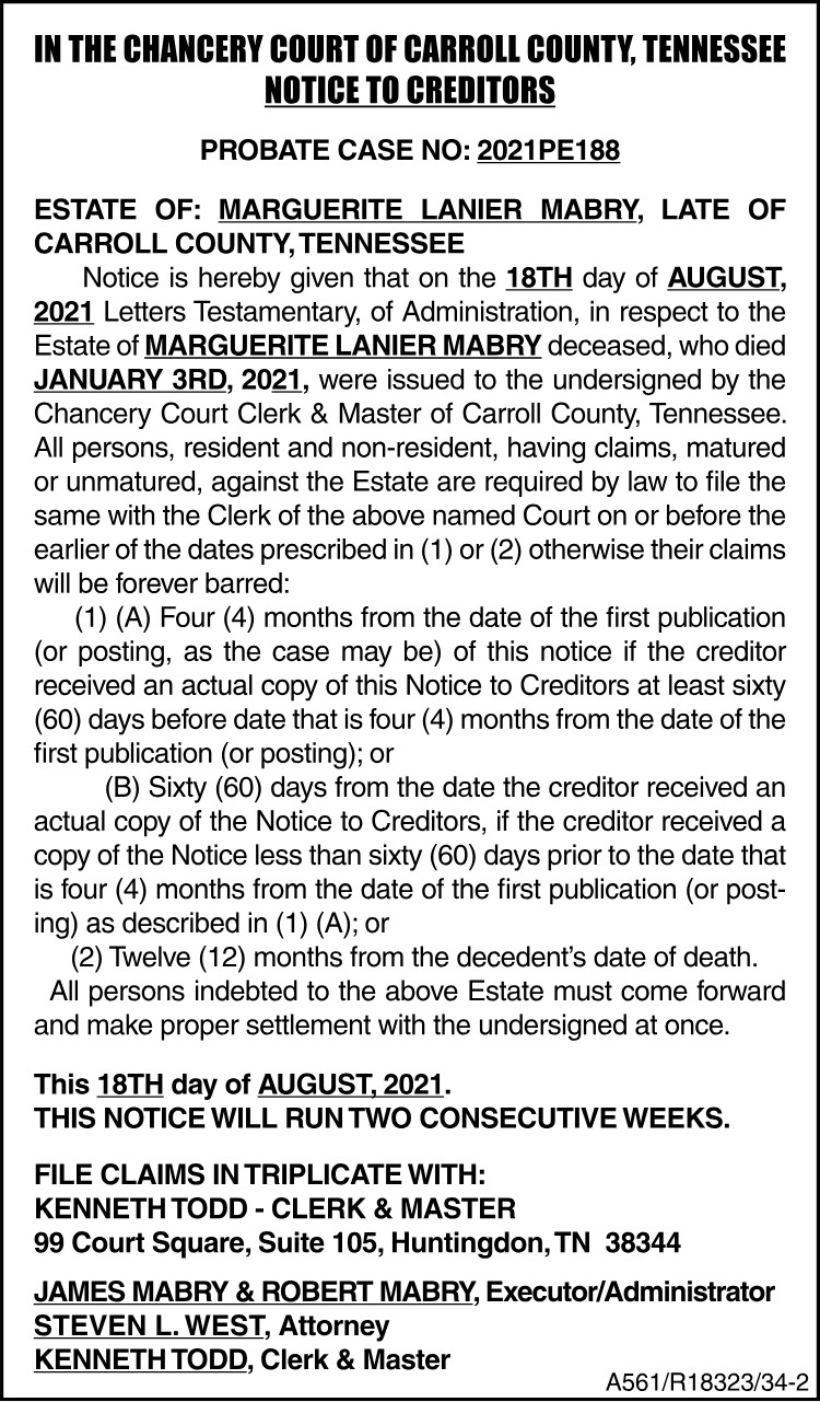 Notice to Creditors - MABRY