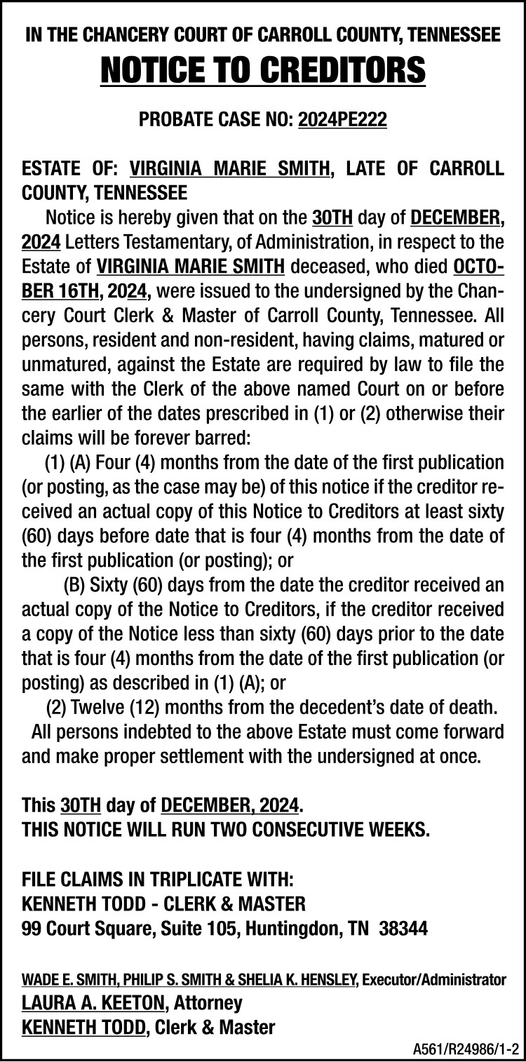 Notice to Creditors - SMITH
