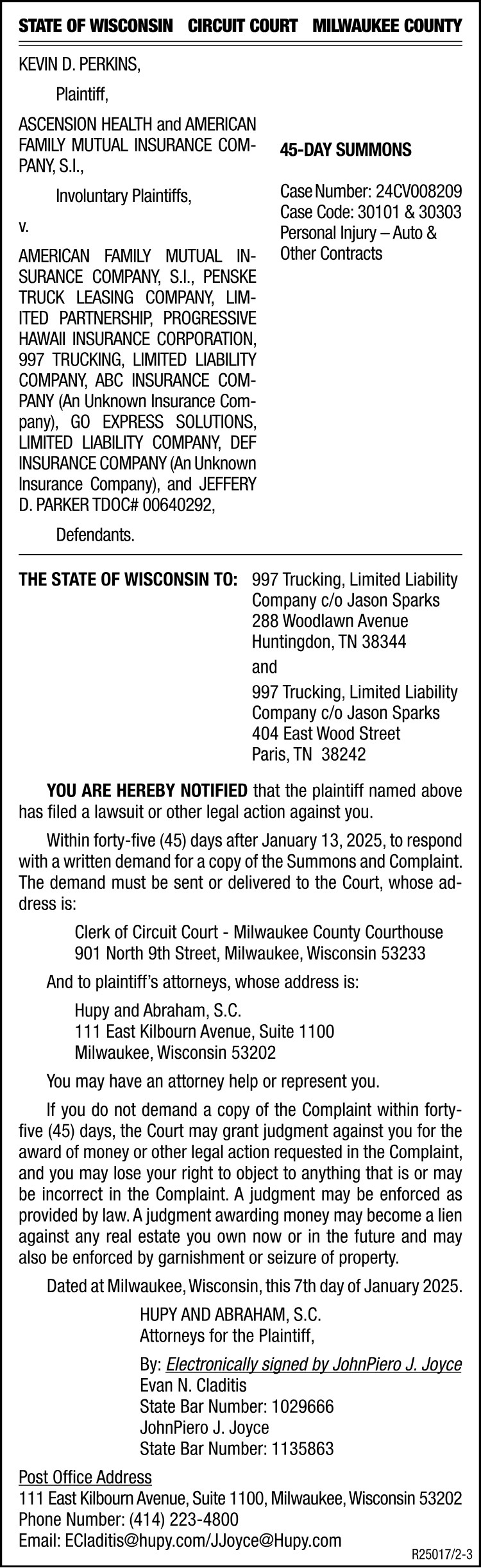 Notice - 45 Day Summons - PERKINS