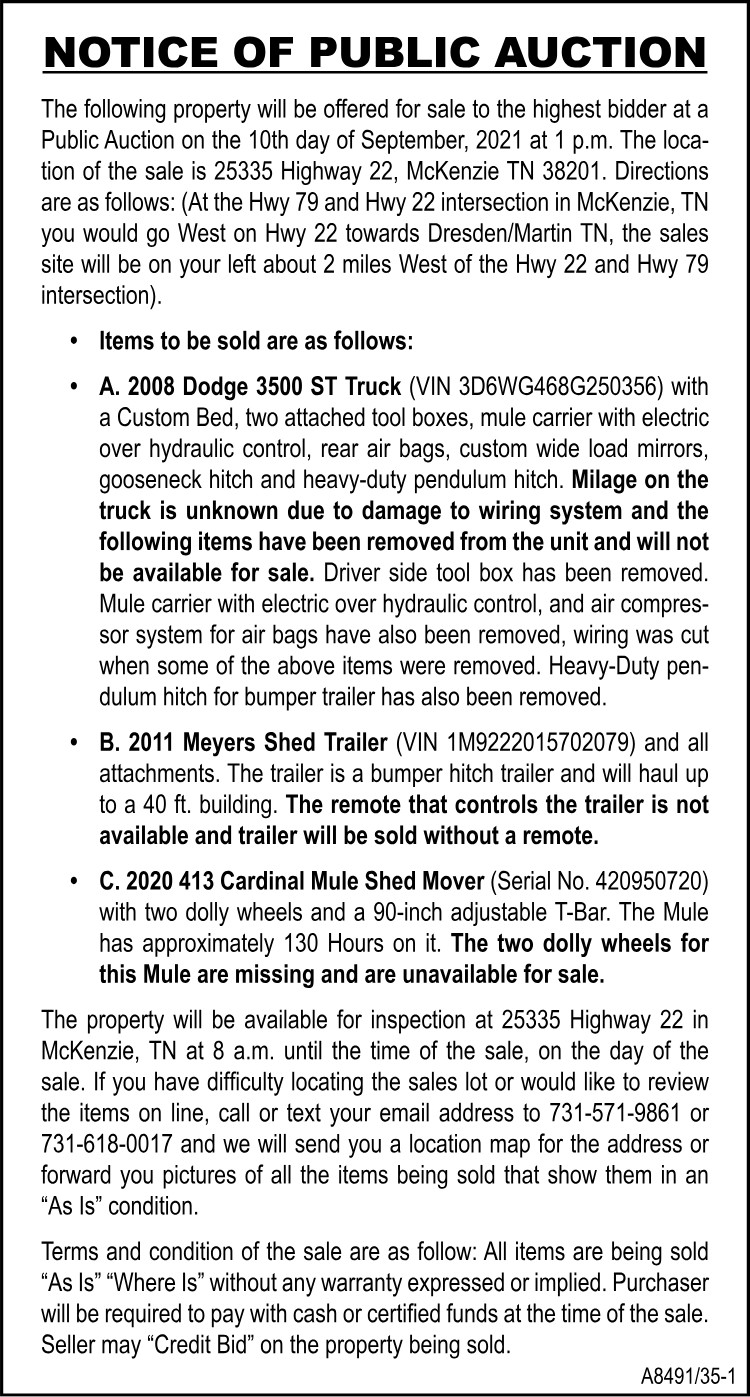 Notice of Public Auction - 25335 Hwy 22