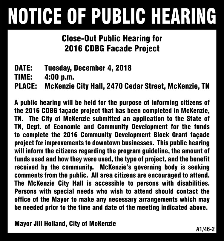 Notice of Public Hearing - CDBG Facade Project