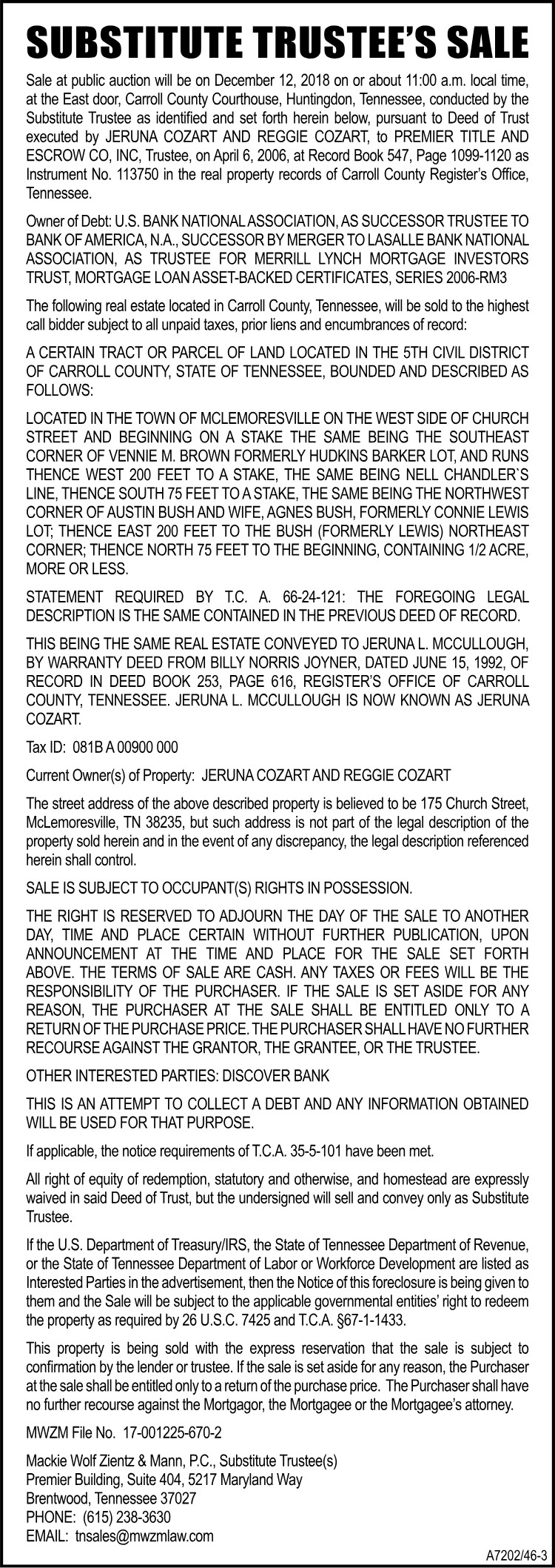 Notice of Substitute Trustee's Sale - COZART