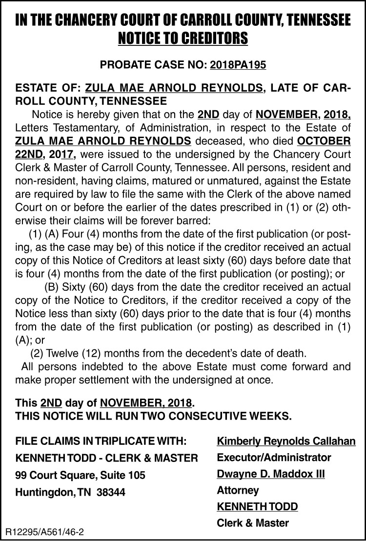 Notice to Creditors - Zula Mae Arnold Reynolds