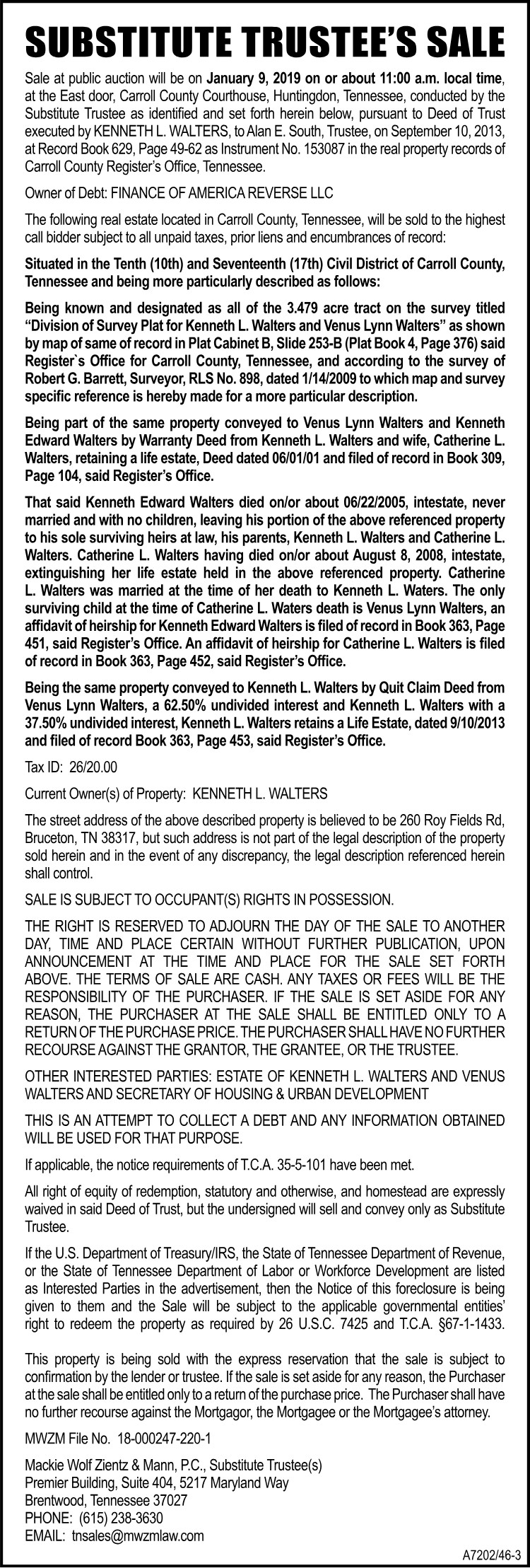 Notice of Substitute Trustee's Sale - WALTERS