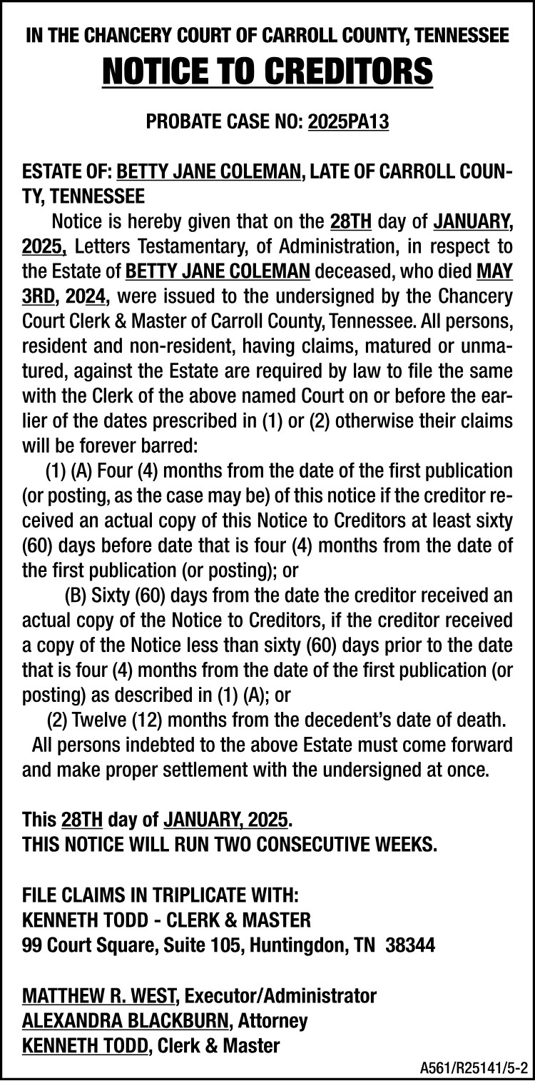 Notice to Creditors - COLEMAN
