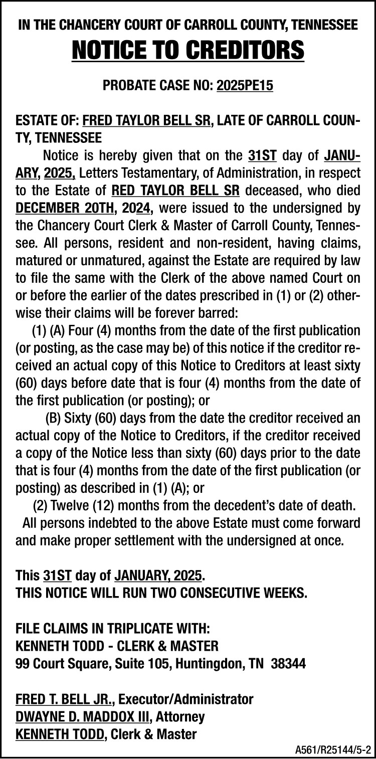 Notice to Creditors - BELL