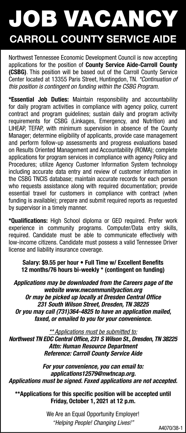 Job Vacancy - NWTEDC Carroll County Service Aide
