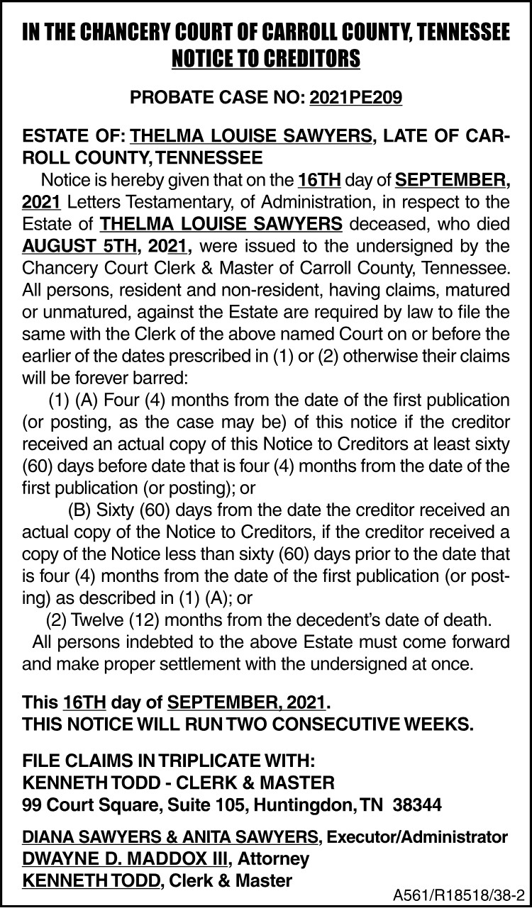 Notice to Creditors - SAWYERS