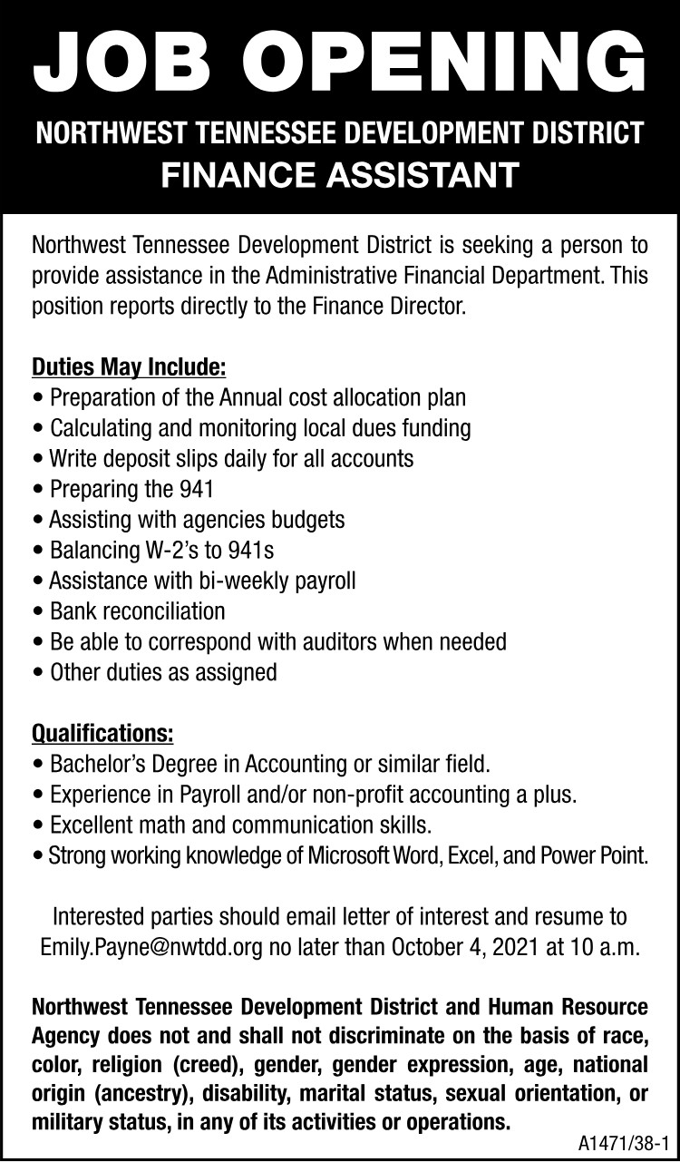 NWTN Development District - Job Opening Finance Assistant