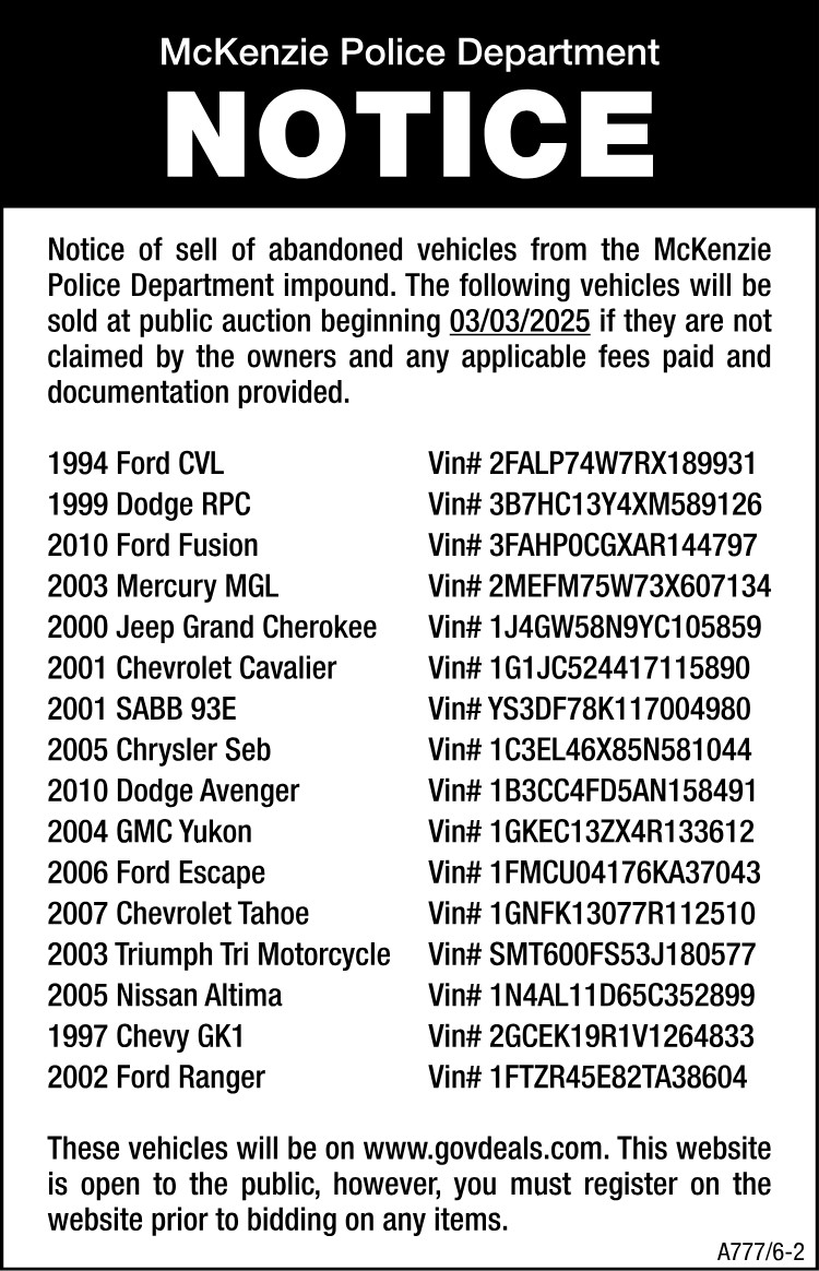 McKenzie Police Department - Sell Vehicles