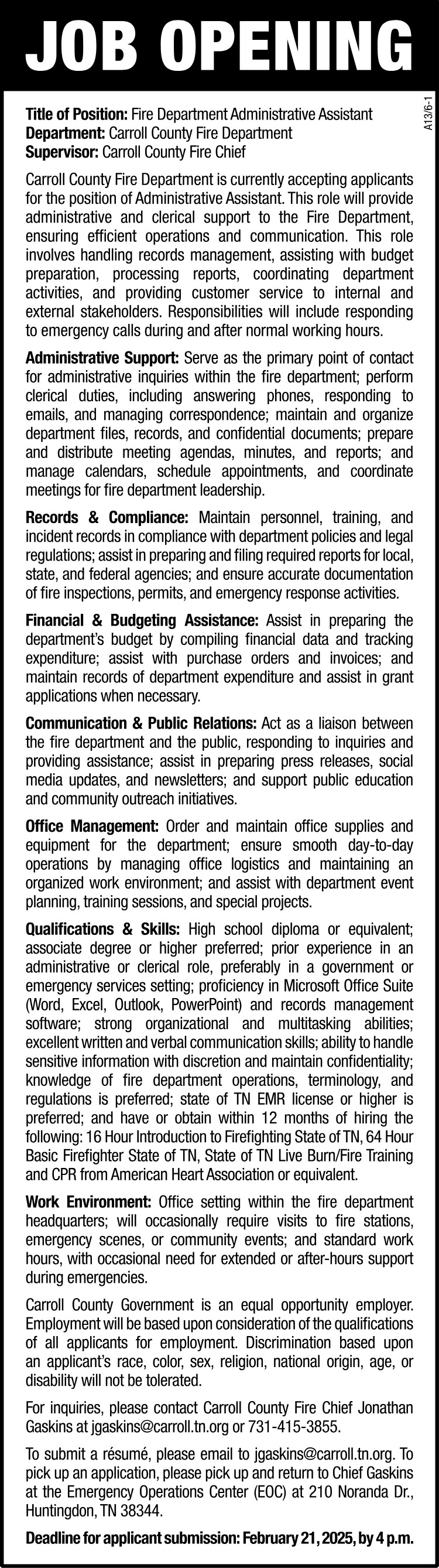Carroll County Job Opening - Fire Administrative Assistant