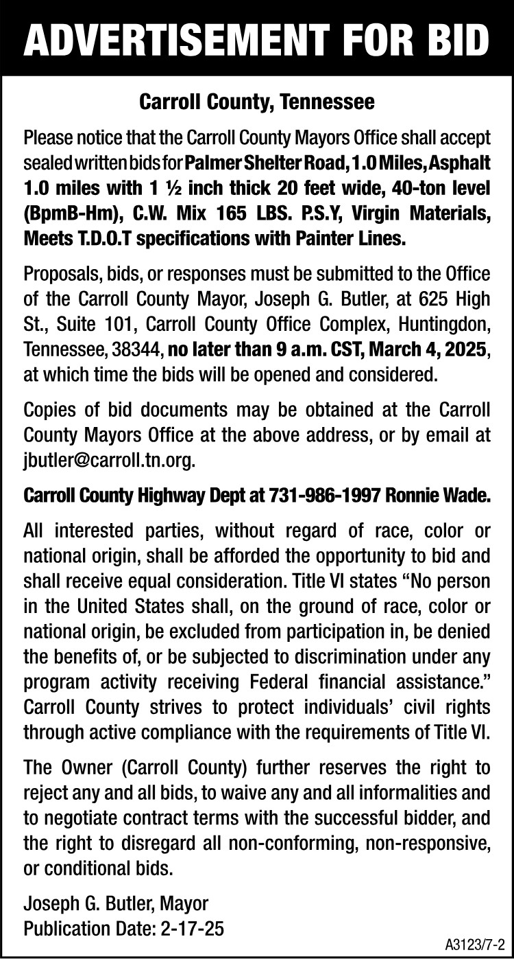 Advertisement for Bid - Palmer Shelter Road
