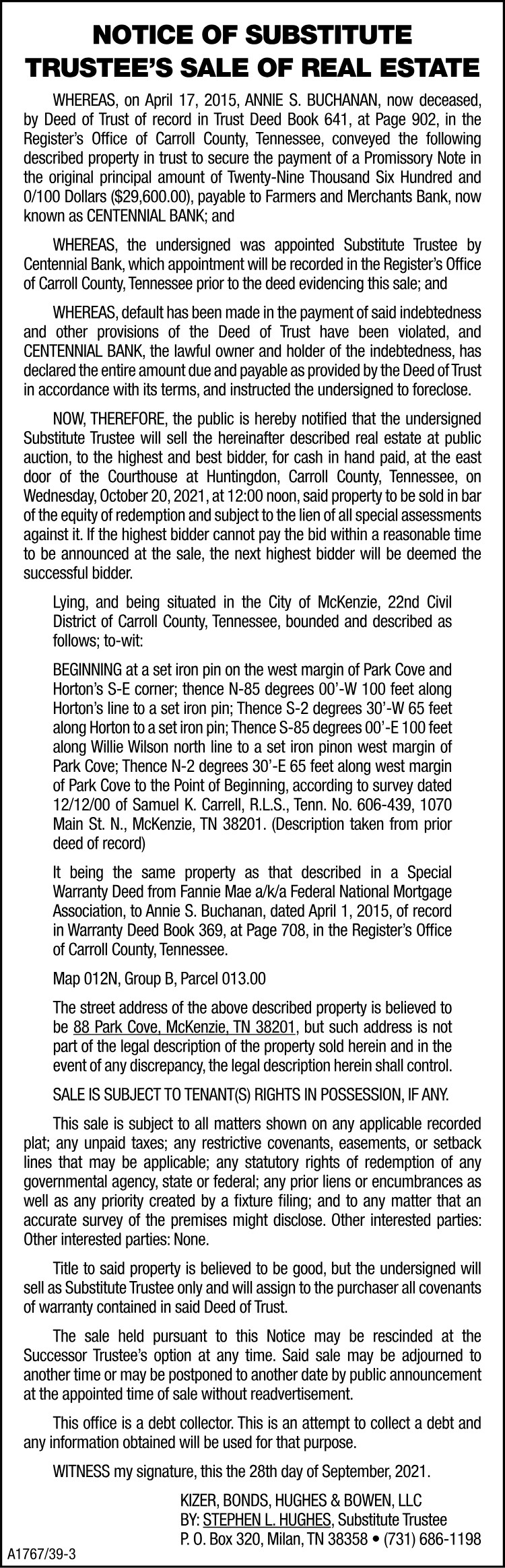 Notice of Substitute Trustee Sale - BUCHANAN