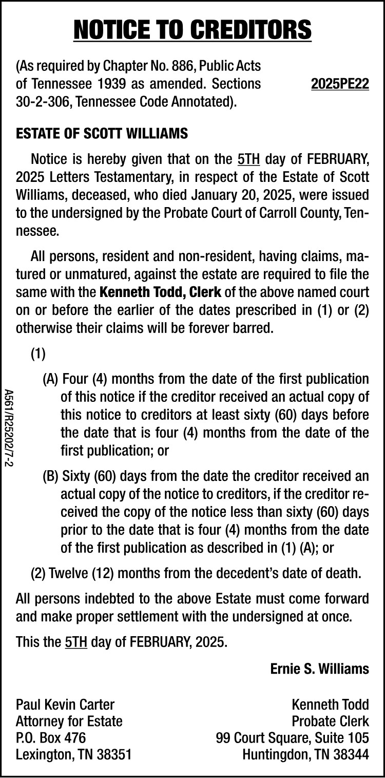 Notice to Creditors - WILLIAMS