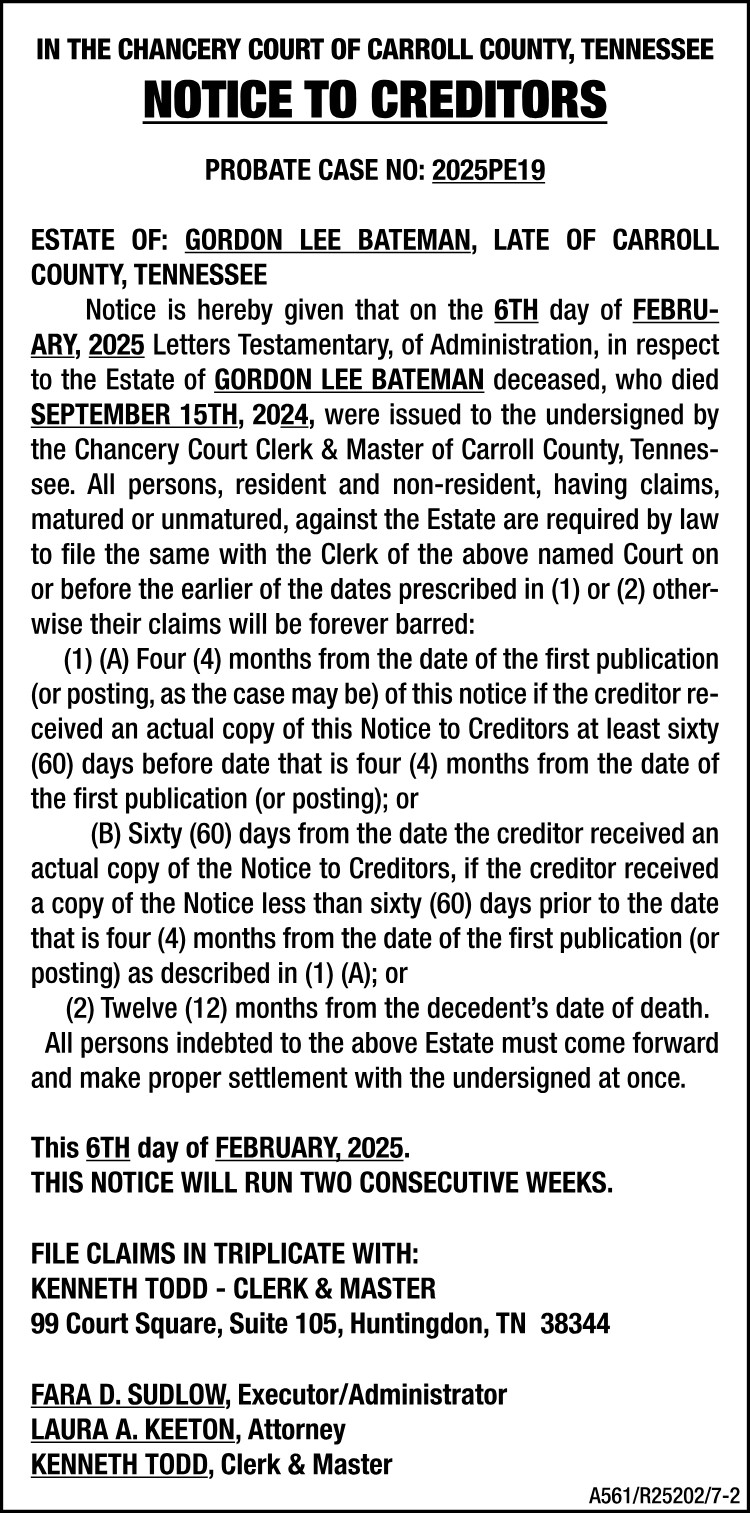 Notice to Creditors - BATEMAN