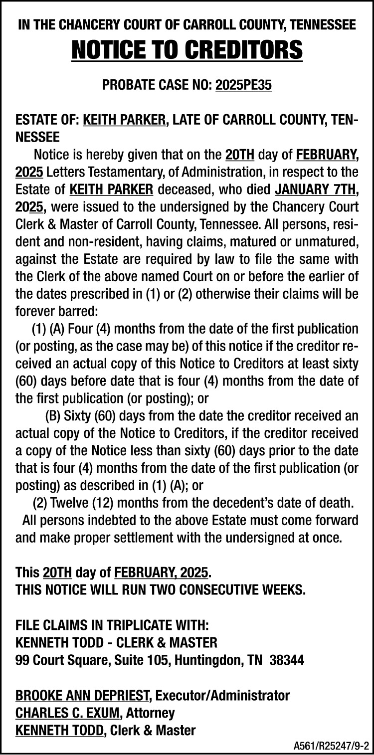 Notice to Creditors - PARKER
