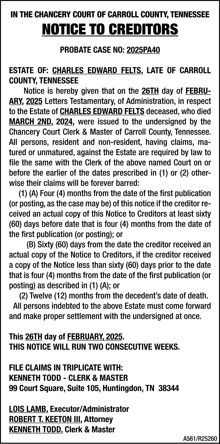 Notice to Creditors - FELTS