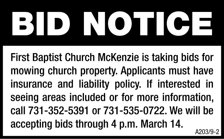 Bid Notice - First Baptist Church McKenzie Mowing