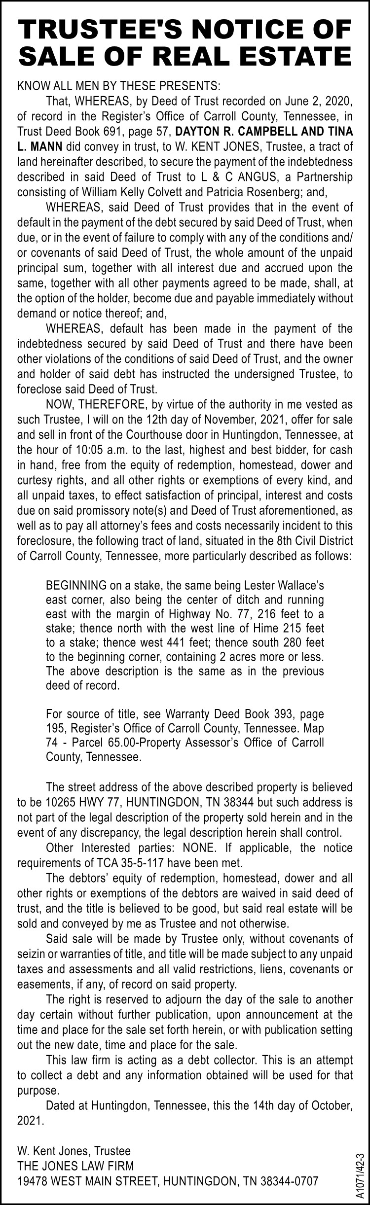 Trustee's Notice of Sale - CAMPBELL