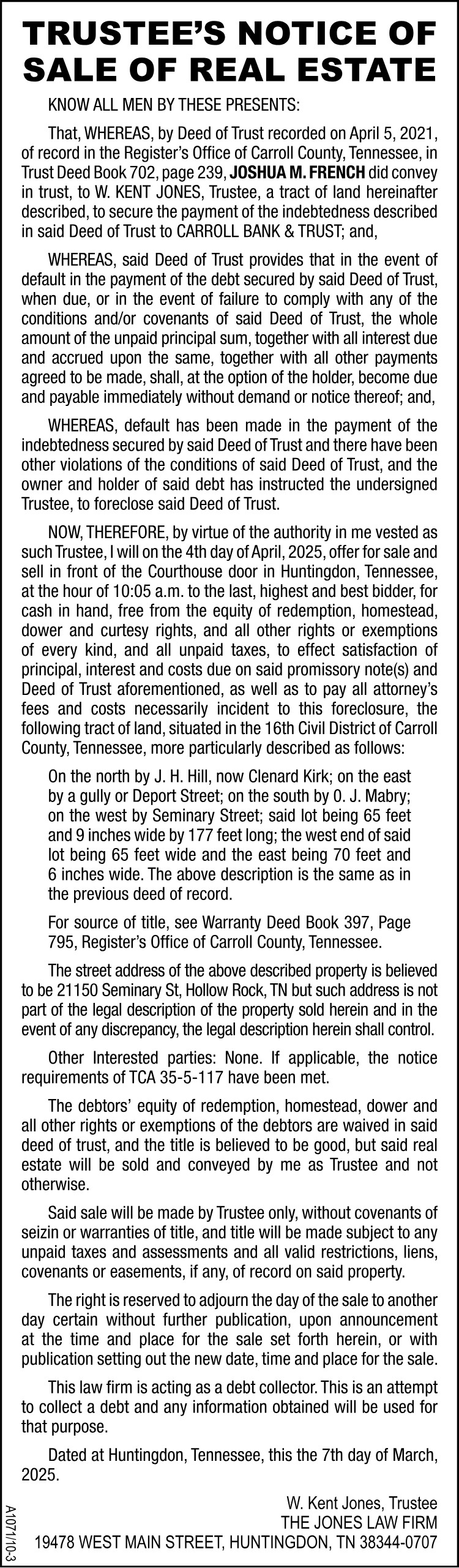 Trustees Notice of Sale of Real Estate - FRENCH