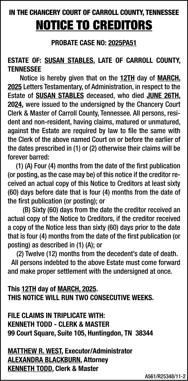Notice to Creditors - STABLES